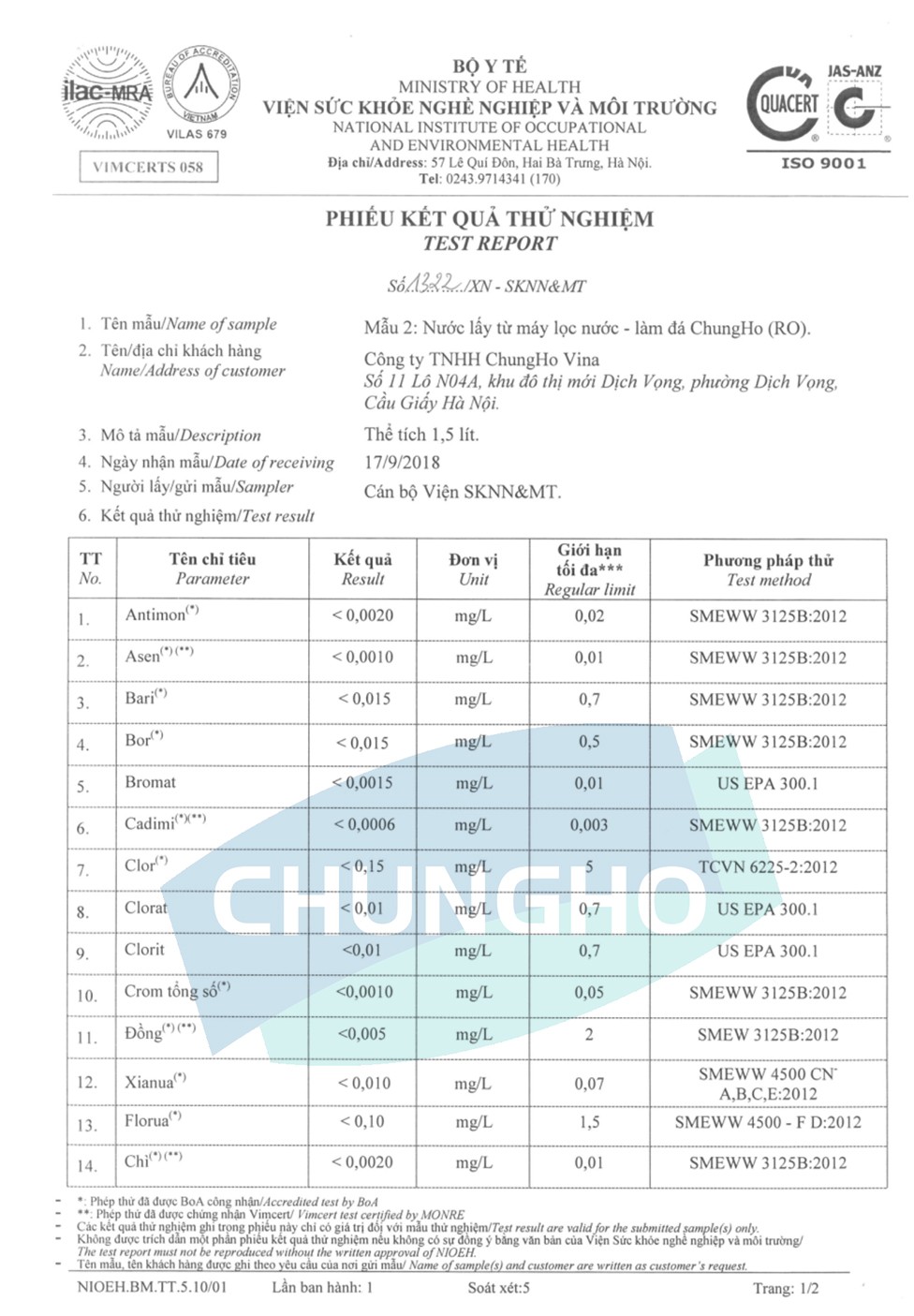 Chứng nhận chất lượng nước RO Ice P1