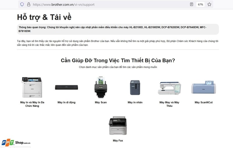 Giao diện trang web hỗ trợ chính thức của Brother để tải driver