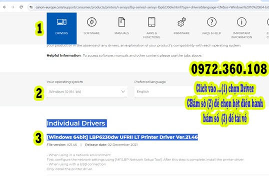 Giao diện trang web hỗ trợ tải driver cho máy in Canon 6230dw
