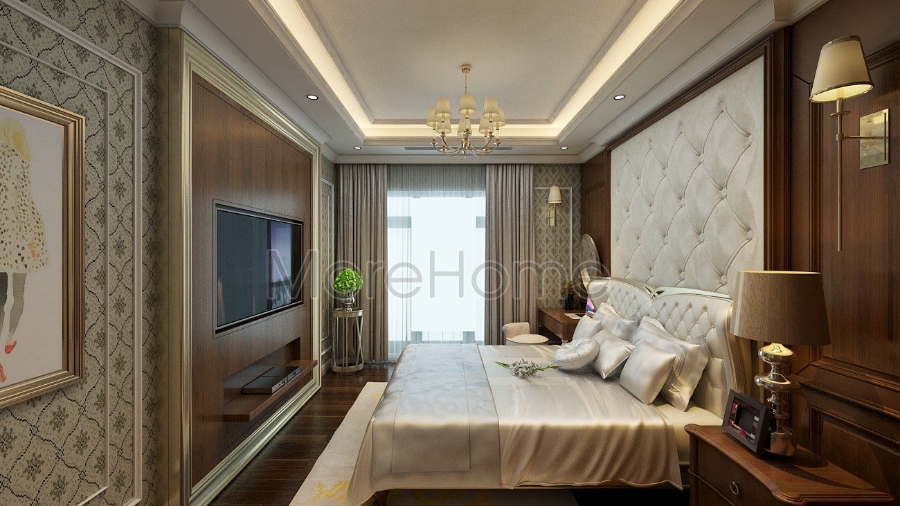 Giường ngủ bọc da và mảng ốp gỗ công nghiệp