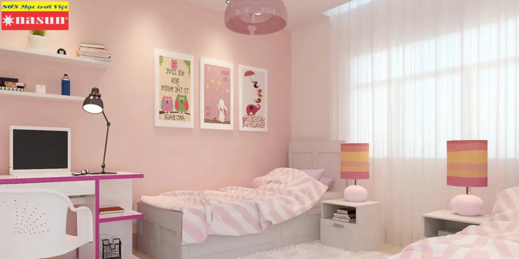 Thiết kế nội thất phòng ngủ sơn màu pastel hồng với giường và phụ kiện hài hòa