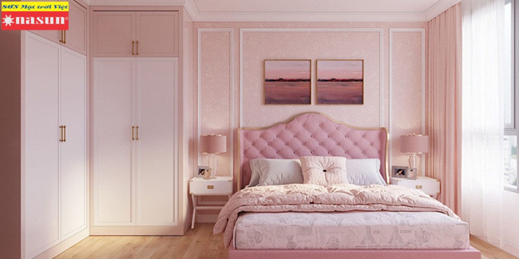 Phòng ngủ sơn màu hồng pastel kết hợp nội thất trắng tạo cảm giác thư giãn