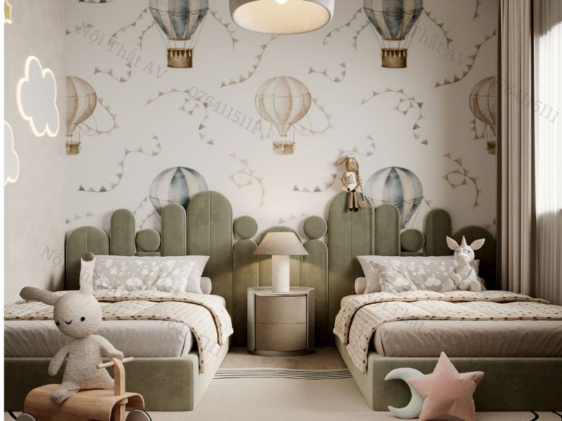 Ý tưởng thiết kế đối xứng cho phòng ngủ 10m2 hai bé