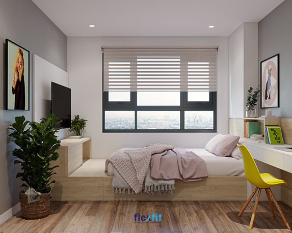 Cây cảnh kích thước vừa phải cạnh giường ngủ, mang đến không khí trong lành và tính thẩm mỹ