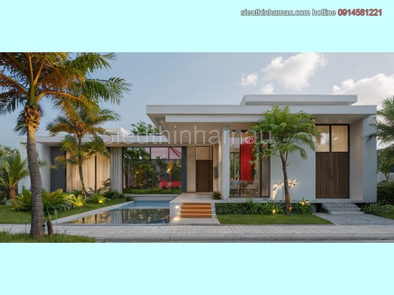 Thiết kế ngoại thất ấn tượng cho nhà tầng 1 có phòng ngủ và bể bơi