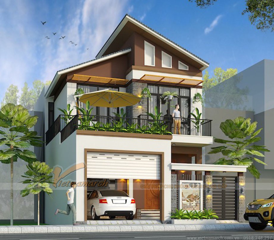 Mẫu nhà phố 2 tầng có gara và phòng ngủ ở tầng trệt