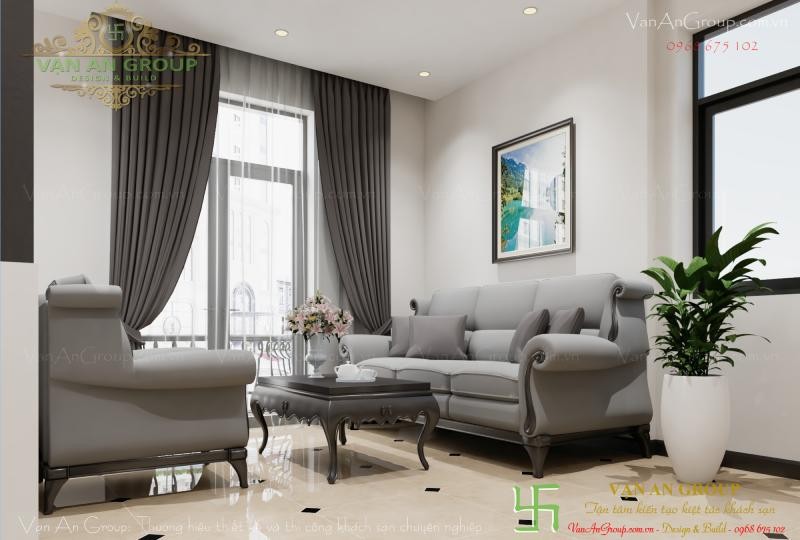 Mẫu thiết kế phòng ngủ khách sạn tân cổ điển với giường đôi và bàn trang điểm
