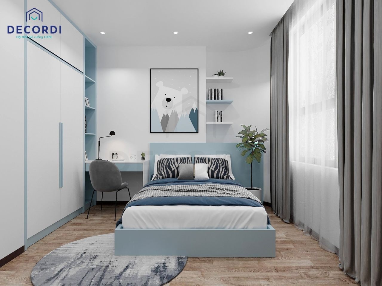 Nội thất phòng ngủ màu xanh trung tính mang đến cảm giác mát mẻ