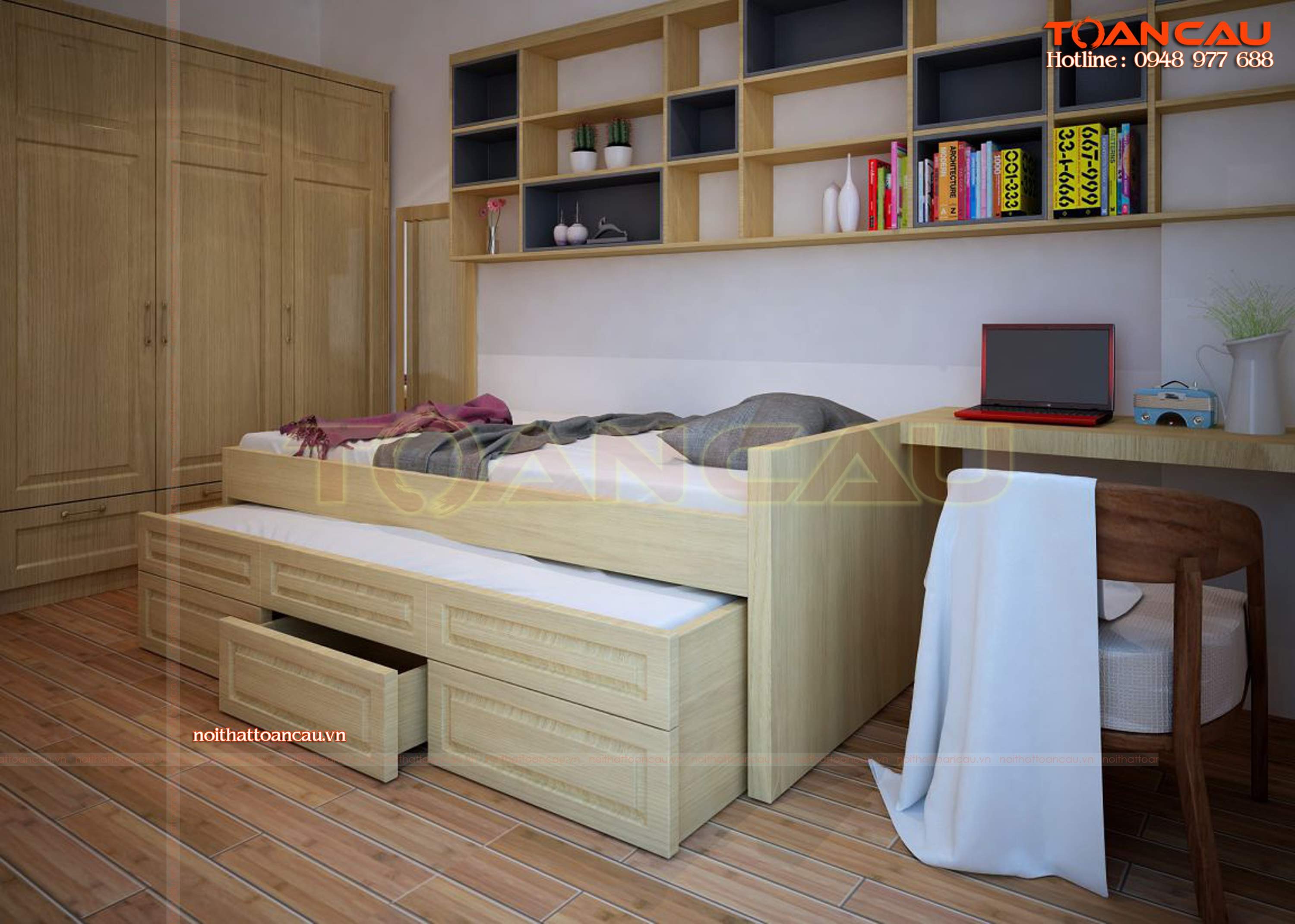 Tận dụng không gian với giường có ngăn kéo khi trang trí phòng ngủ vuông nhỏ