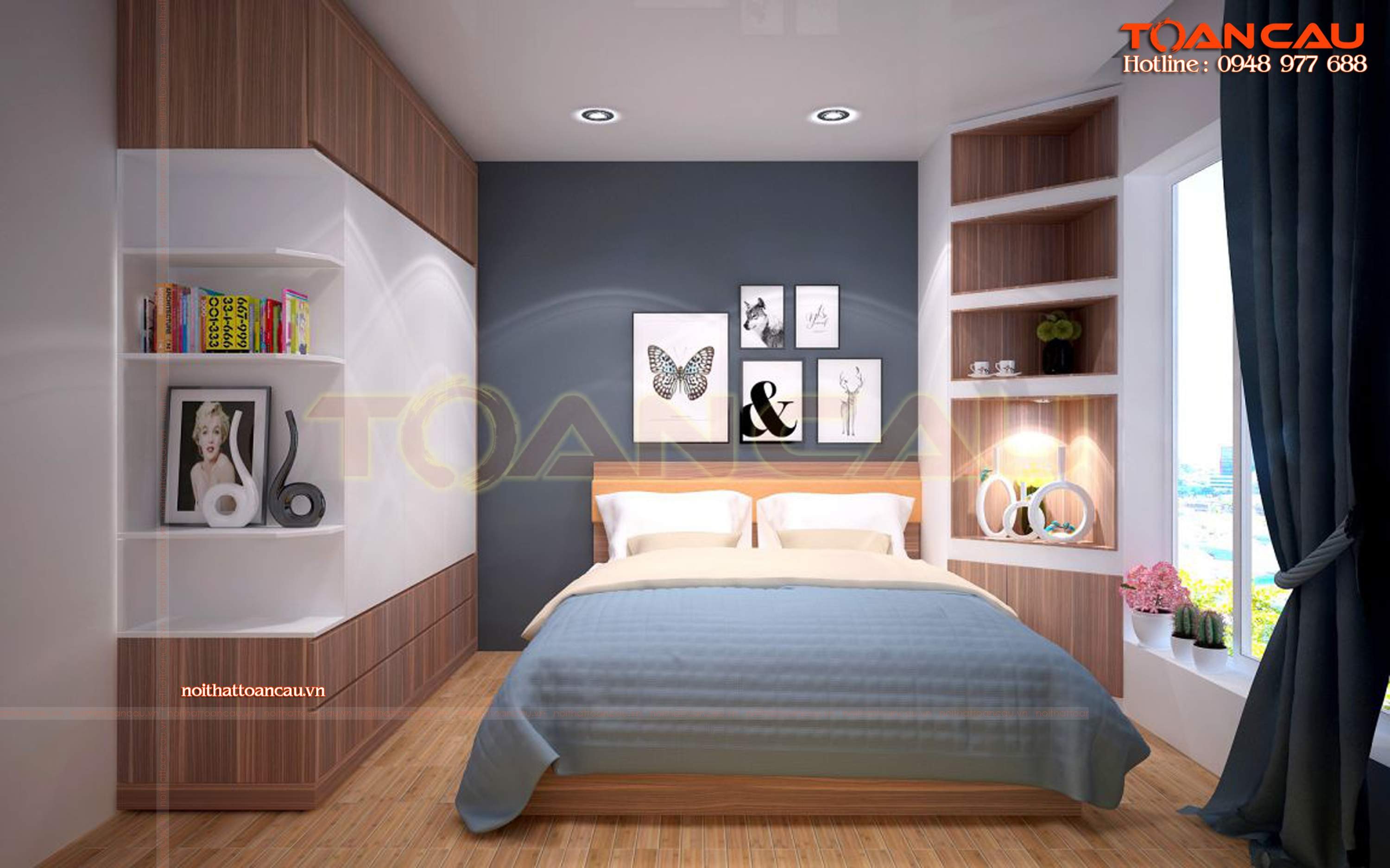 Sử dụng bàn làm việc kết hợp bàn trang điểm trong trang trí phòng ngủ vuông