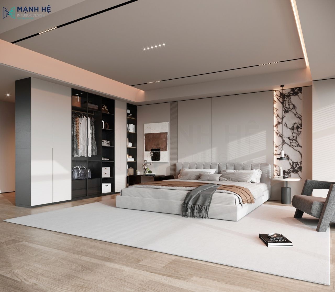 Hệ tủ quần áo hiện đại với cánh kính và ngăn kéo, phù hợp với phong cách của bộ phòng ngủ màu trắng