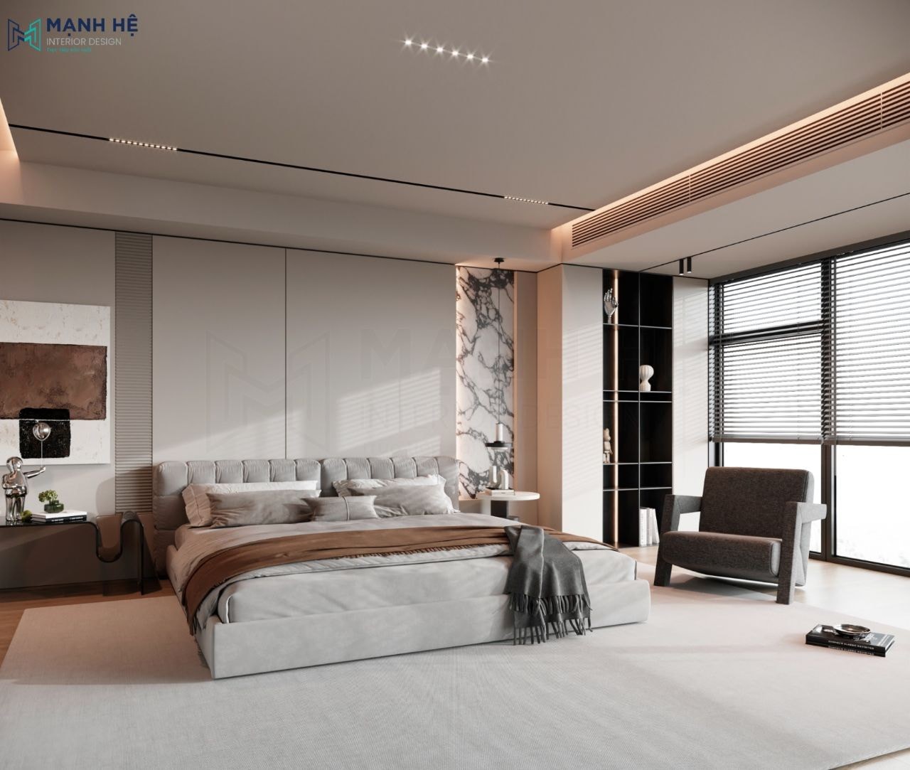 Vách ốp đầu giường laminate sang trọng, một phần quan trọng trong thiết kế bộ phòng ngủ màu trắng
