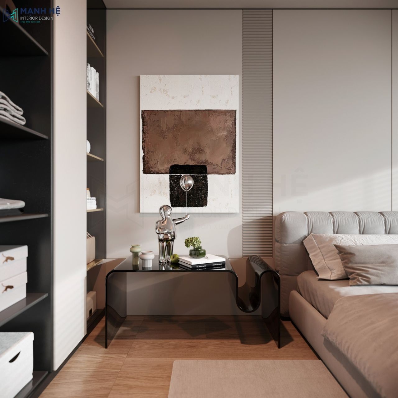 Chi tiết đồ trang trí decor trên tab đầu giường, tạo điểm nhấn cho bộ phòng ngủ màu trắng