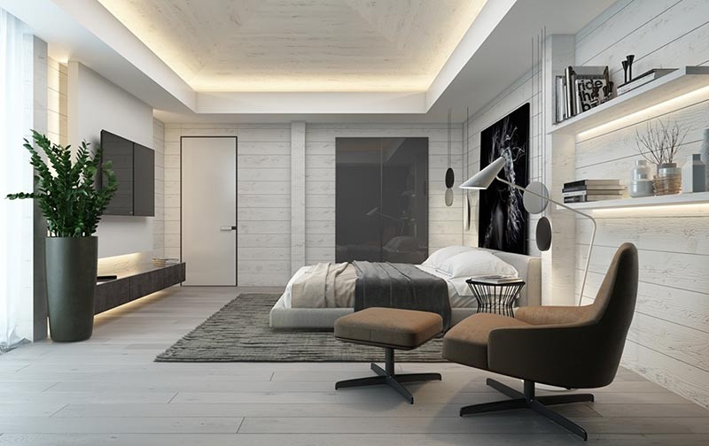 thiết kế nội thất phòng ngủ đơn sắc với điểm nhấn ánh sáng dọc