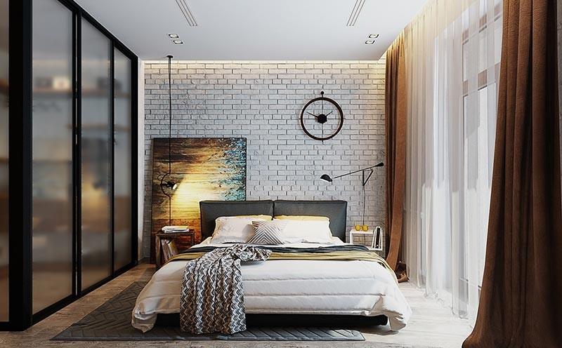 điểm nhấn phòng ngủ với tường gạch thô và tranh cổ điển