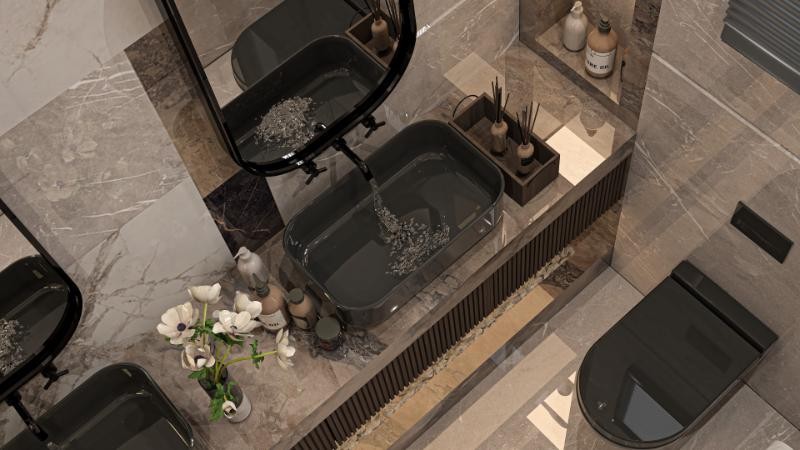 Phối cảnh tổng thể nội thất phòng ngủ 30m2, bao gồm khu vực toilet
