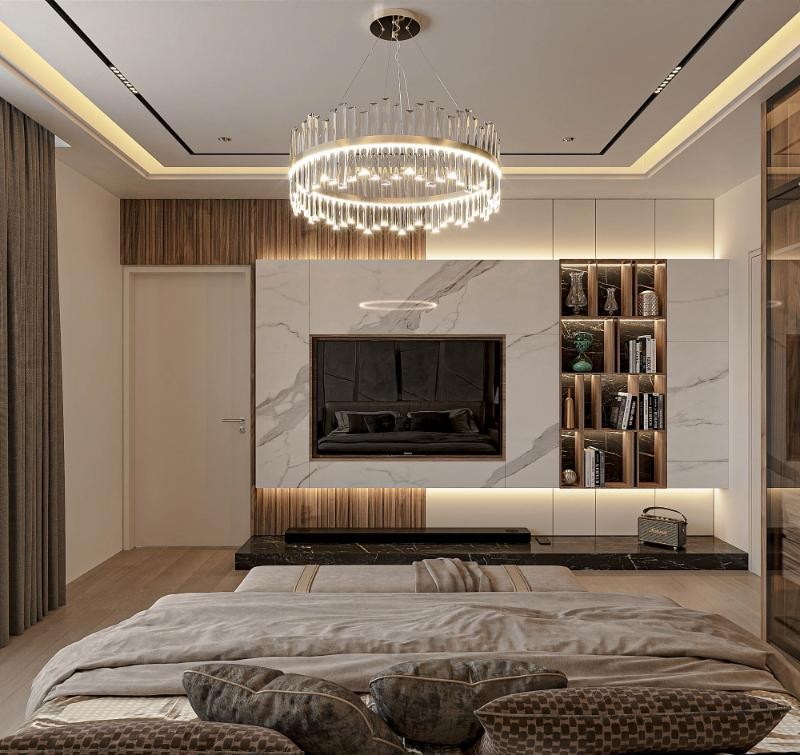 Không gian phòng ngủ 30m2 nhìn từ cửa vào, có thể thấy lối dẫn đến toilet khép kín