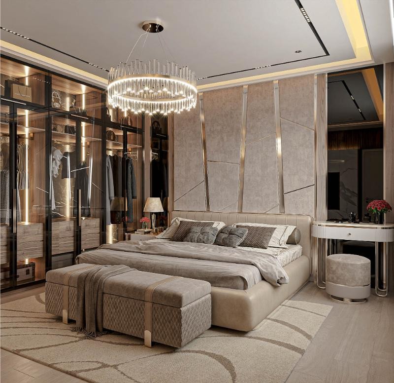 Góc làm việc và tủ quần áo trong thiết kế phòng ngủ 30m2
