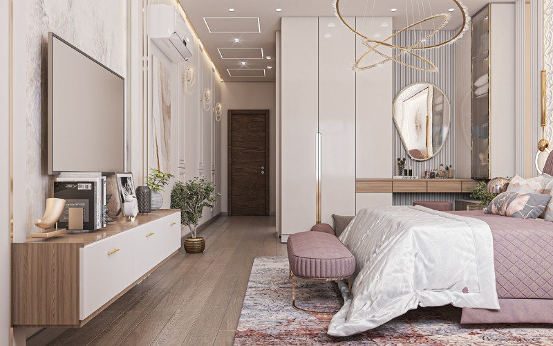 Bài trí thêm ghế sofa và đồ trang trí trong phòng ngủ 30m2 có toilet