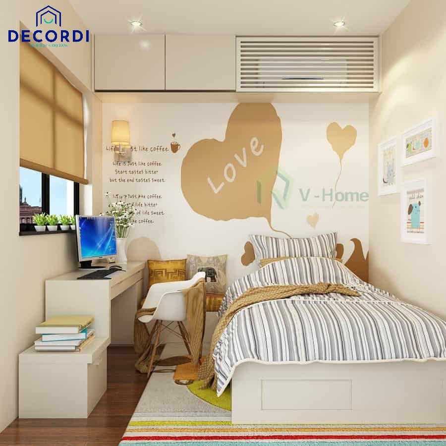 Phòng ngủ rộng sử dụng giấy dán tường và nội thất liền khối
