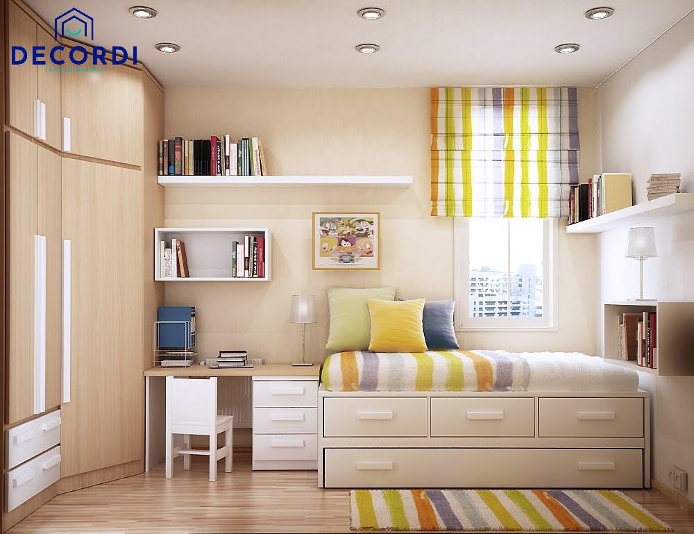 Phòng ngủ rộng với cách bố trí nội thất hợp lý tạo sự tiện nghi bất chấp hình dạng phòng