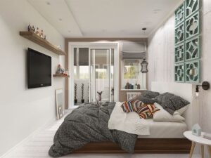 Sử dụng kệ sách và đồ trang trí trên tường trong phòng ngủ 8 mét vuông