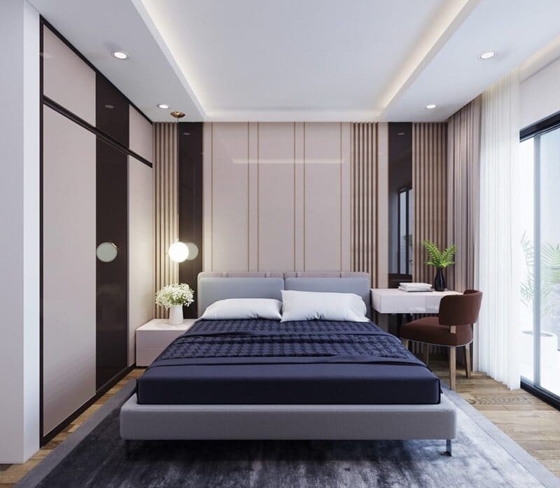 Mẫu thiết kế phòng ngủ cho người lớn tuổi theo phong cách tối giản với tông màu trắng và be