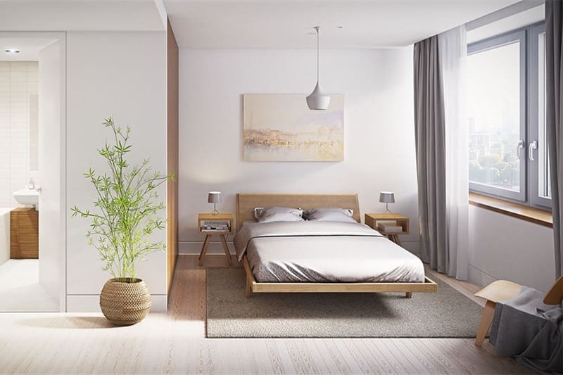 Mẫu phòng ngủ dành cho người già với sự tập trung vào sự yên bình bằng tông màu trắng và xanh nhạt