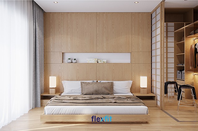 Phòng ngủ hiện đại với nội thất gỗ công nghiệp sáng màu, bao gồm giường, tủ và tab đầu giường, tối ưu cách trang trí nội thất phòng ngủ