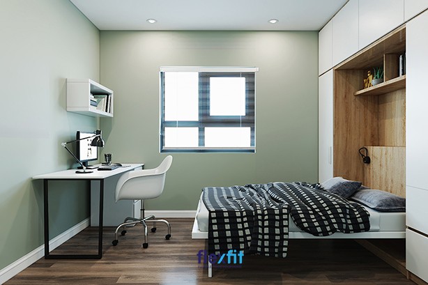 Kệ sách âm tường và tượng nhỏ trang trí đầu giường, tạo điểm nhấn thú vị