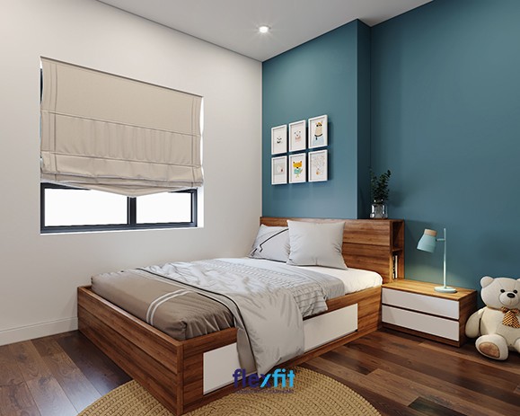 Phòng ngủ với tông màu trắng xám và xanh dương ghi, sử dụng nội thất gỗ và cây xanh để trang trí