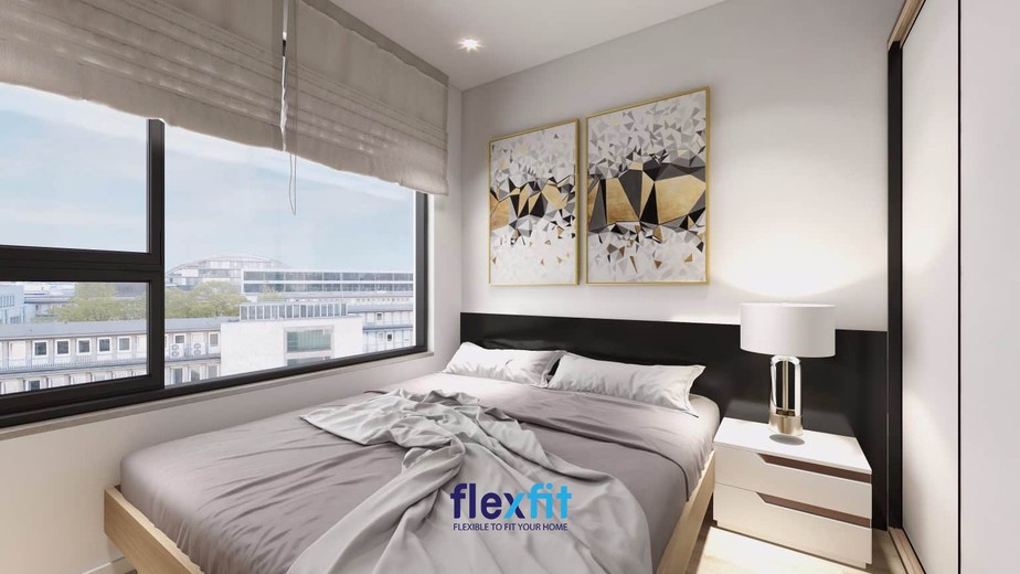 Phòng ngủ hiện đại decor bằng hai bức tranh hình đa giác trên đầu giường, tạo điểm nhấn ấn tượng