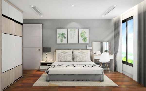 Bàn trang điểm nhỏ gọn màu trắng đặt trong phòng ngủ, minh họa việc chọn kích thước phù hợp