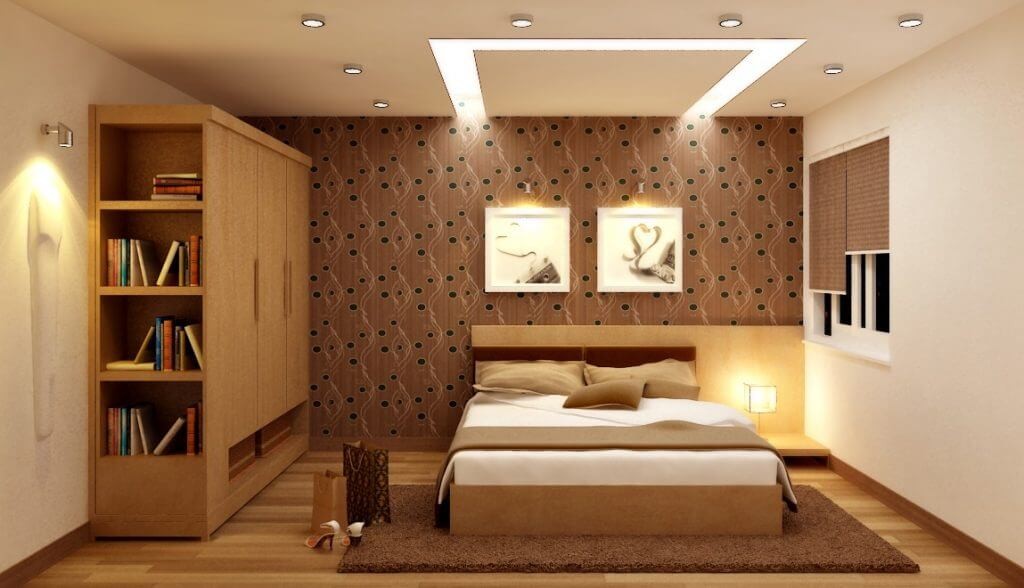 Phòng ngủ với đèn ốp trần hình tròn trên trần nhà phẳng