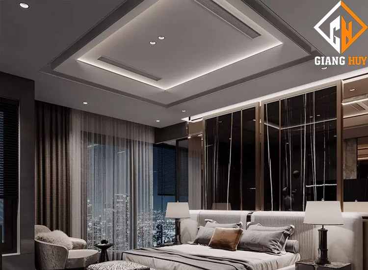 Trần thạch cao phòng ngủ hiện đại với hệ thống đèn trang trí