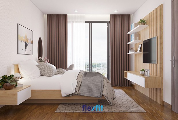 Phòng ngủ sử dụng nội thất gỗ công nghiệp vân sáng và sàn gỗ nâu, thể hiện cách trang trí nội thất phòng ngủ hài hòa màu sắc