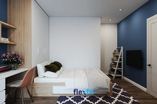 Thảm trải sàn hình chữ nhật họa tiết độc đáo, tạo điểm nhấn dưới chân giường