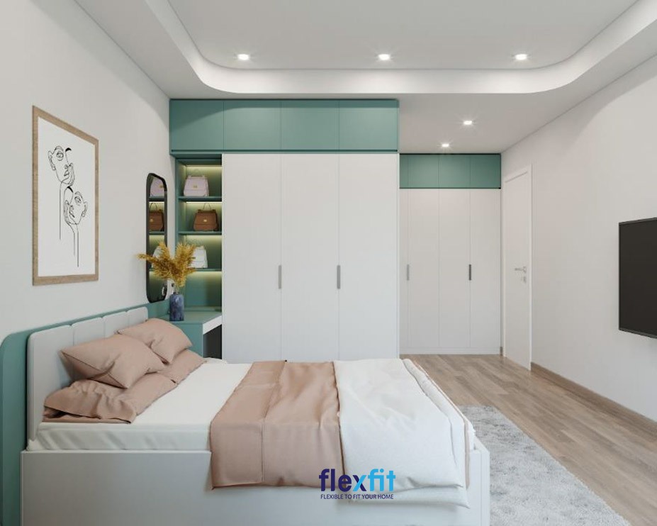Nội thất phòng ngủ gỗ công nghiệp sơn trắng và xanh ghi nhạt, mang đến vẻ nhẹ nhàng và sáng sủa cho không gian