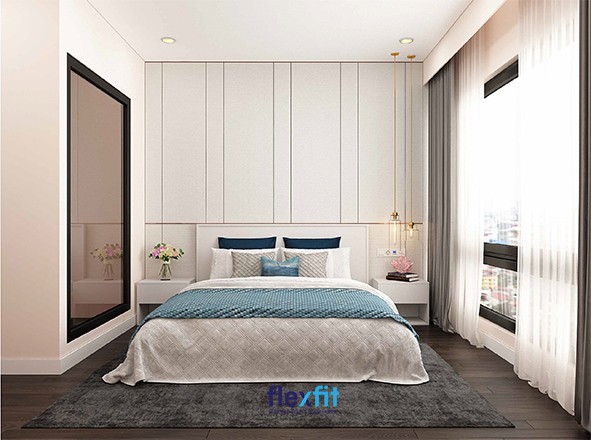 Đèn thả dây mạ vàng kết hợp ánh sáng tự nhiên, mang đến vẻ sang trọng cho việc trang trí nội thất phòng ngủ
