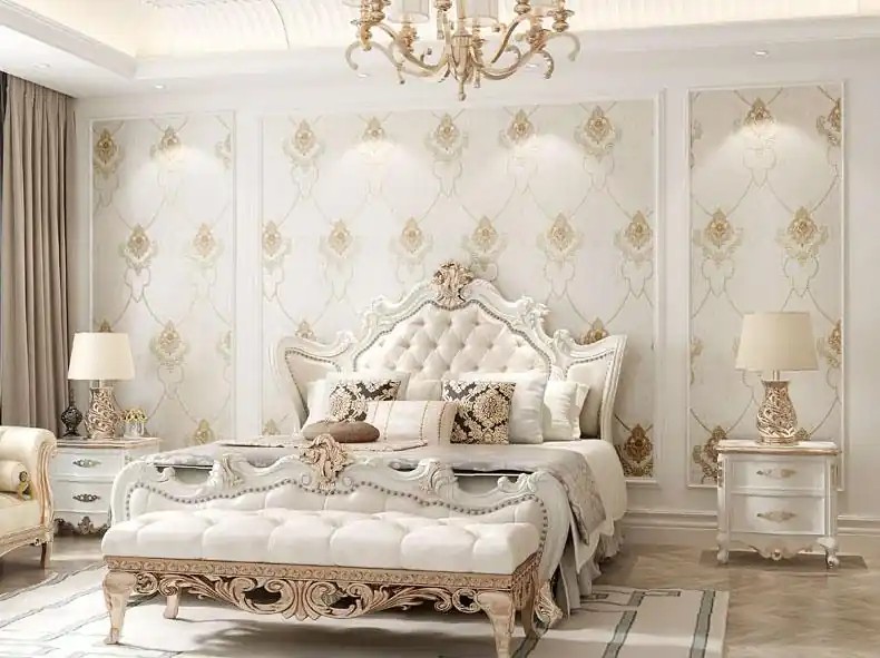 Trang trí phòng ngủ tân cổ điển với giấy dán tường họa tiết Damask sang trọng