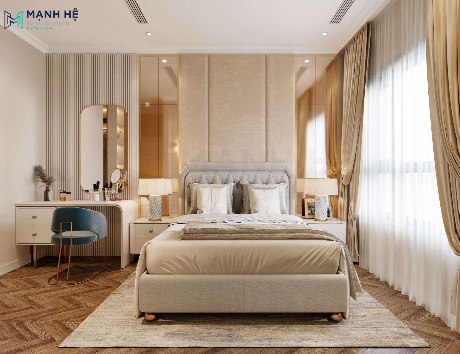 Lối bố trí theo phong cách hiện đại tôn lên vẻ nhã nhặn cho phòng ngủ bình dân của vợ chồng