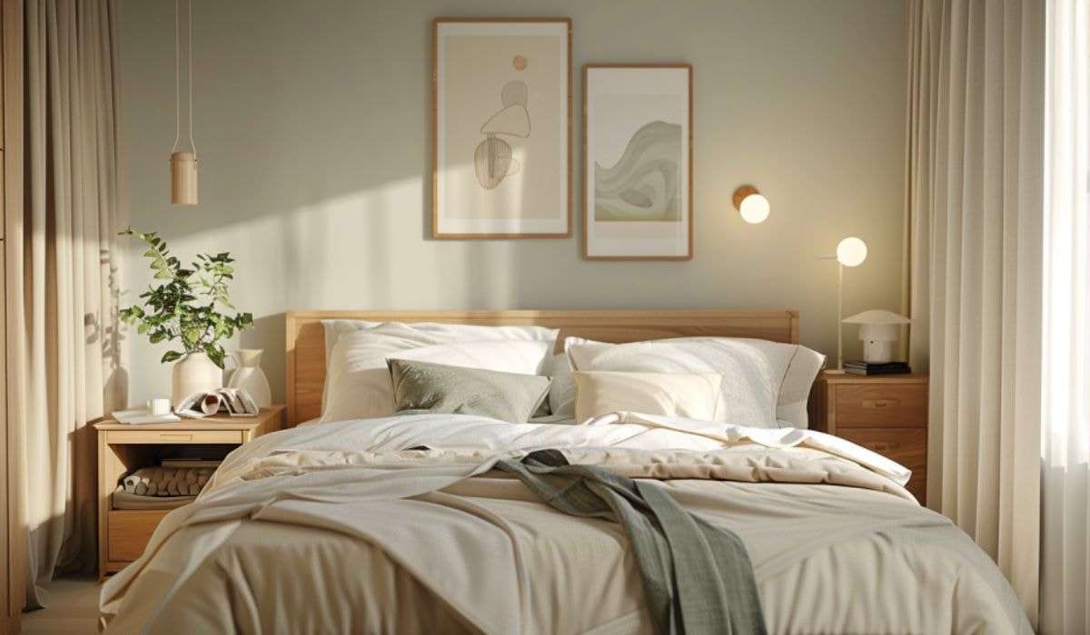 Thông qua điểm nhấn bức tranh trừu tượng đầu giường tôn lên vẻ đẹp thanh lịch của căn phòng ngủ