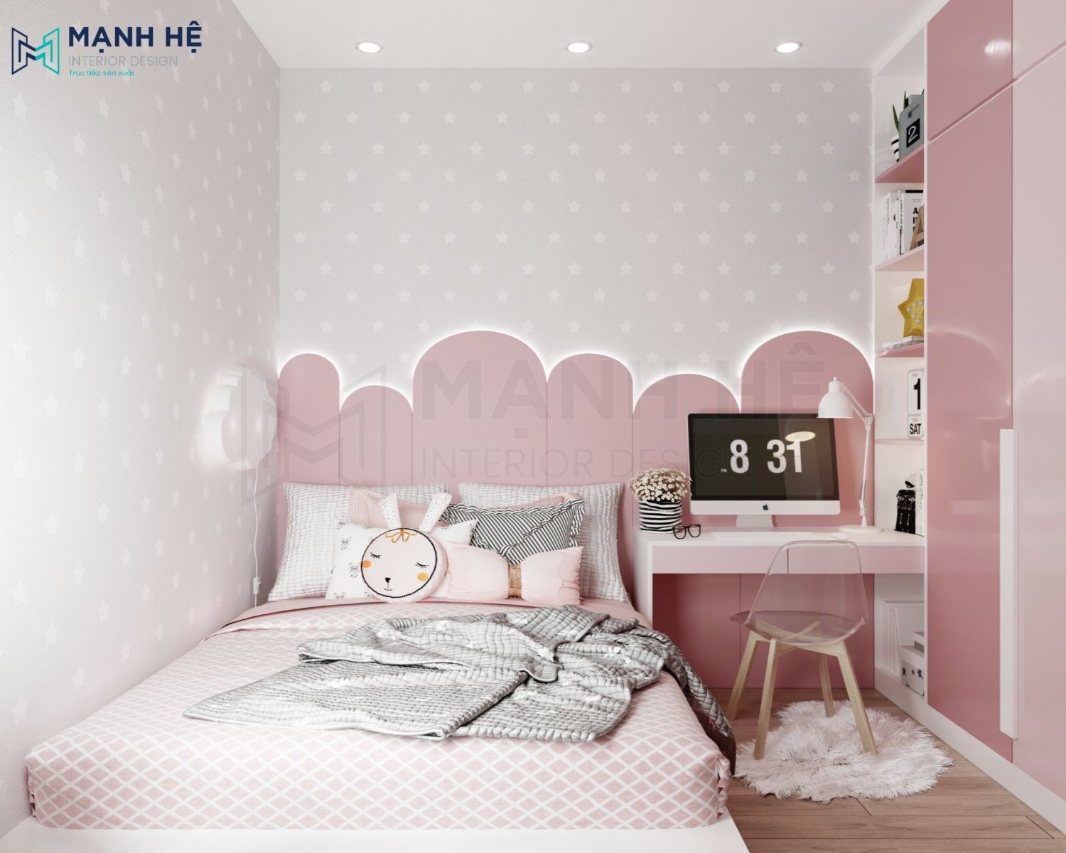 Sự ngọt ngào được tôn lên nhờ vào sự đồng bộ của nội thất với tone chủ đạo trắng, hồng trong phòng ngủ bé gái
