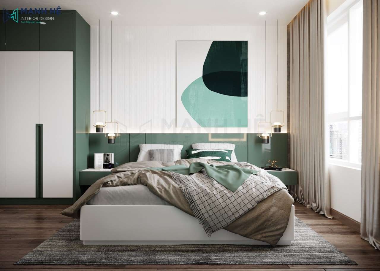 Đặt giường sát vào tường tạo cảm giác an toàn cho gia chủ trong phòng ngủ
