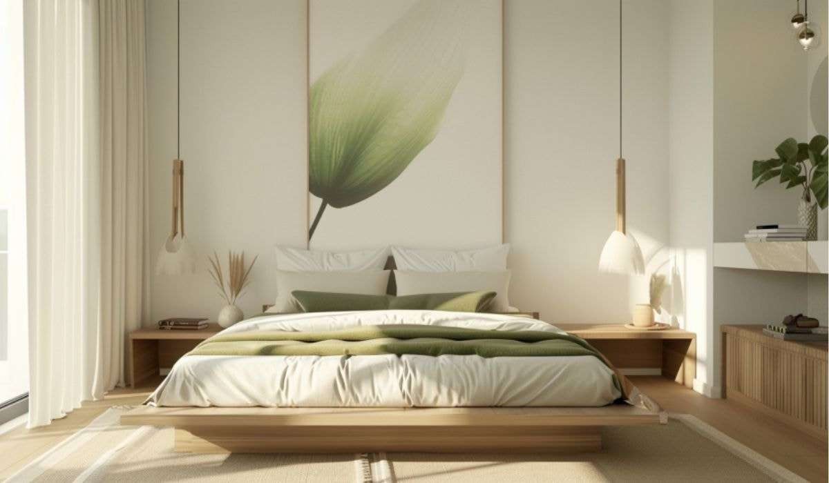 Phòng ngủ phong cách Minimalism có điểm nhấn nằm ở bức tranh đầu giường, phù hợp trang trí bình dân