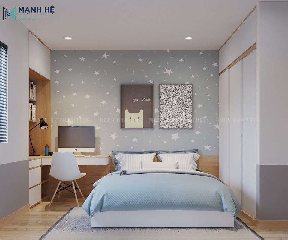 Không gian trở nên năng động với tone trắng xanh chủ đạo trong phòng ngủ bình dân cho bé trai