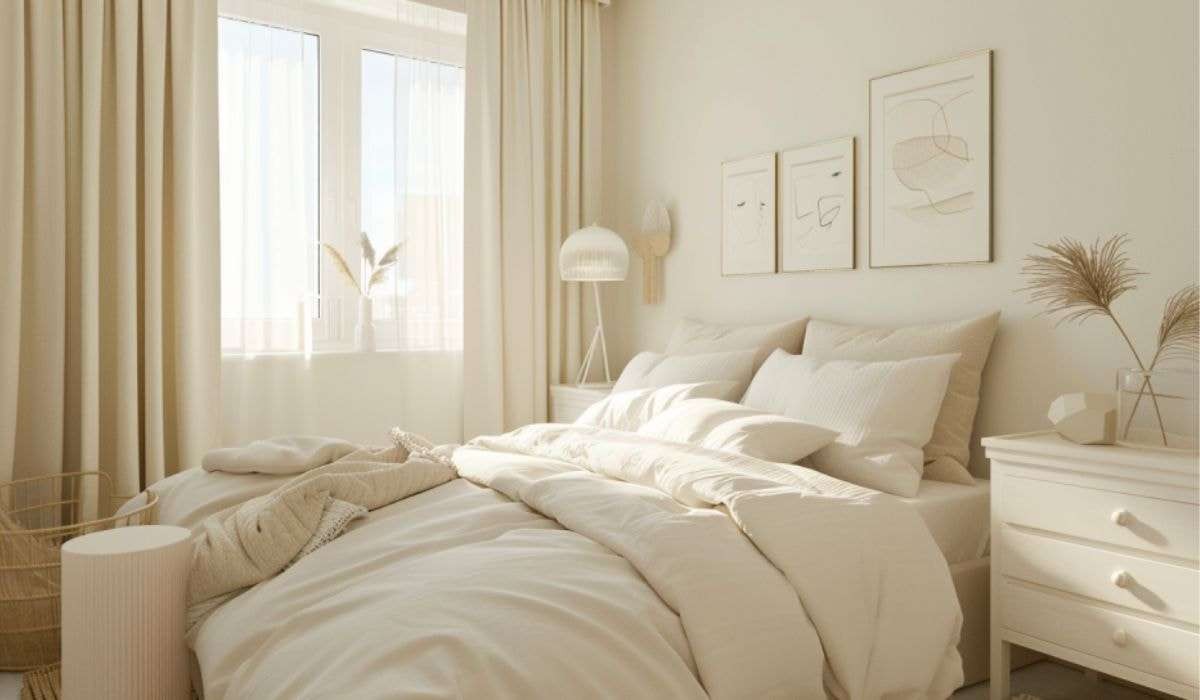 Tone kem chủ đạo với lối thiết kế phong cách tối giản làm tôn lên sự thanh lịch cho căn phòng ngủ của nữ
