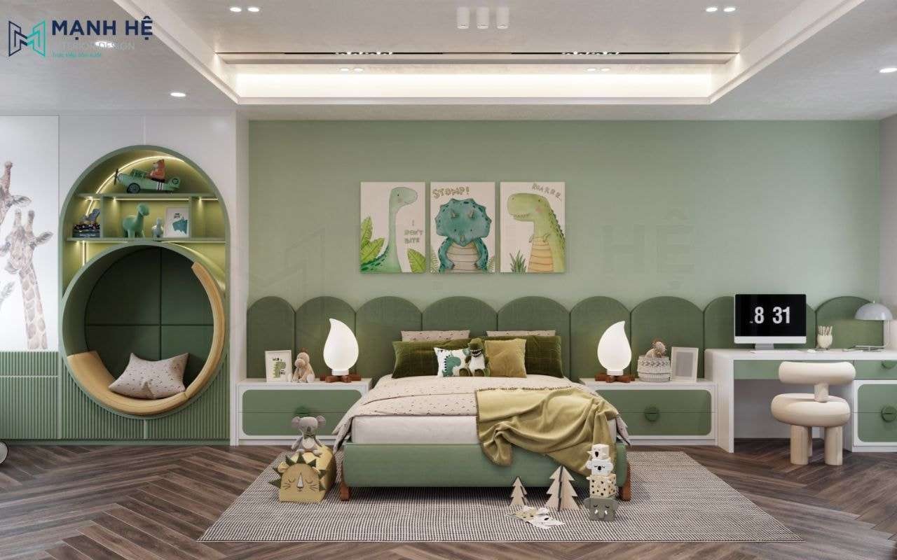 Sử dụng các món nội thất có đường nét tối giản tạo sự thông thoáng cho phòng ngủ bé trai