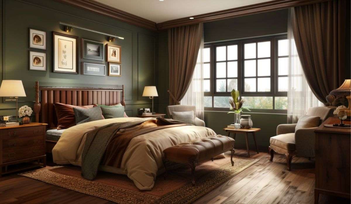Phòng ngủ cho ông bà sử dụng tone màu đỏ đô, xanh rêu mang đến sự ấm cúng cho không gian bình dân