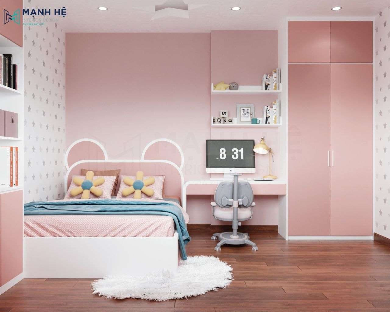 Phòng ngủ trở nên sinh động hơn nhờ vào lối bố trí hiện đại với điểm nhấn ở vách ốp đầu giường cho bé gái